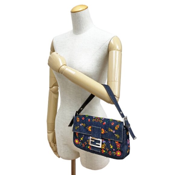 Authentic FENDI FF Denim Ricami Beaded Baguette Floral Blue Abstract Flap Purse - Picture 2 of 14